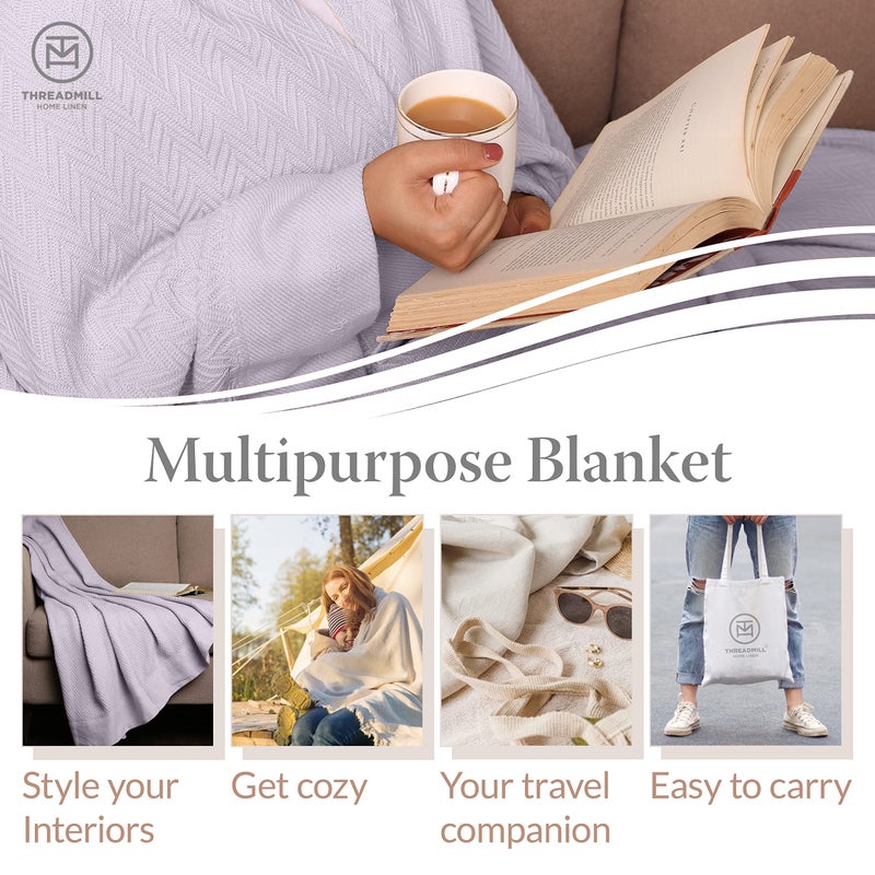 Threadmill Luxury Cotton Blankets for King Size Bed | All-Season Cozy 100% Cotton King Size Blanket | Herringbone Soft Fall Thermal Blanket fits California King Size Bed, 106x92 | Lilac - Image 2